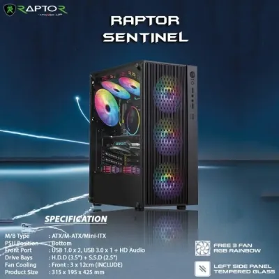 RAPTOR SENTINEL 3 Fan RGB Include ATX MATX Gaming PC Case