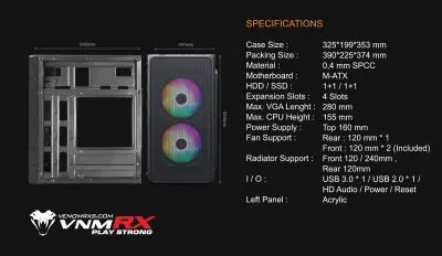 Venomrx APEX NOVA - Micro ATX Acrylic Side Panel 2x12CM FIXED RGB Fan