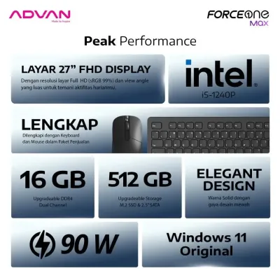Advan Force One Max AIO All In One PC Desktop i5 1240P 16GB 512GB 27" FHD Windows 11 - 16/512GB NVMe