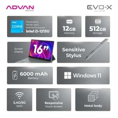 Advan Evo-X 16 2in1 Intel i3-1215U 12GB SSD 512GB 16″ 2.5K W11
